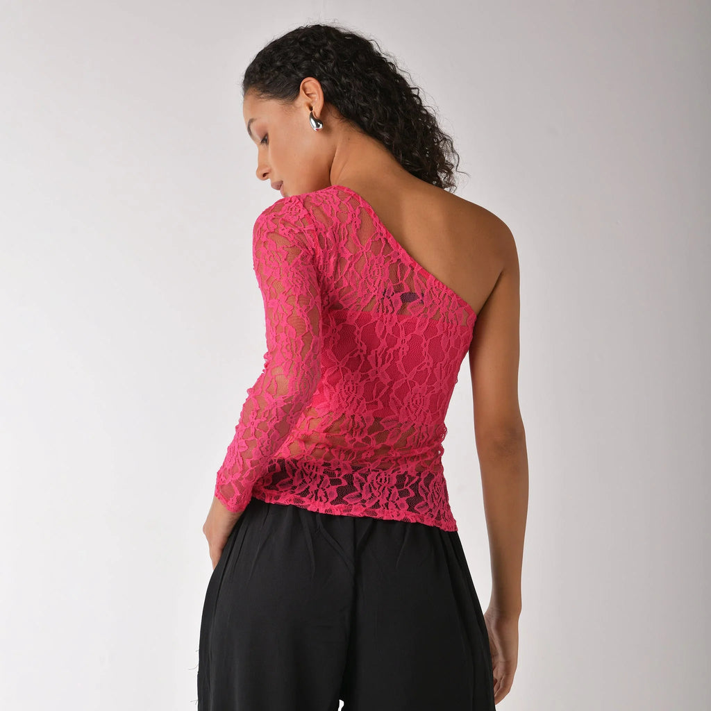 Hot pink one shoulder lace top with bandeau - I Z F