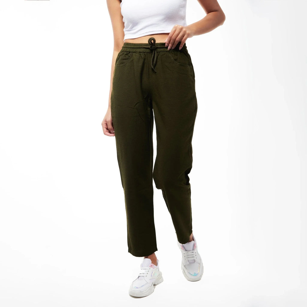 IZF Olive Linen Blend Women Pants - I Z F
