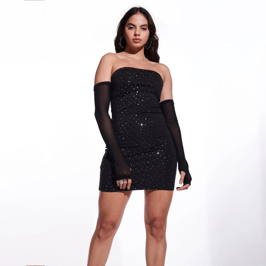 IZF Shiny Black Tube Dress with gloves - I Z F