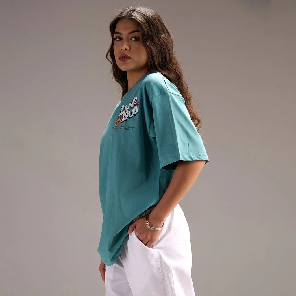 " Living Loud " Blue Oversize T-shirt for Women - I Z F