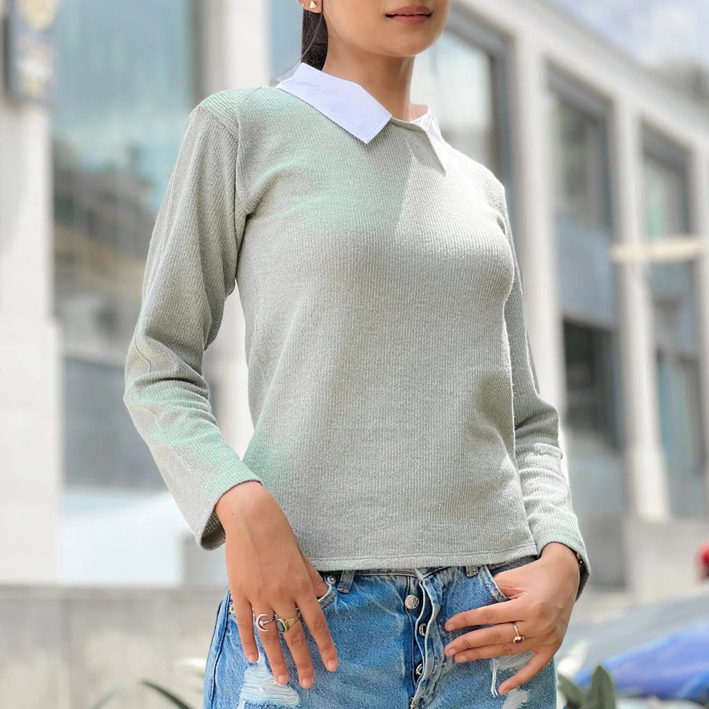 Long Sleeve Contrast Collar Top - I Z F