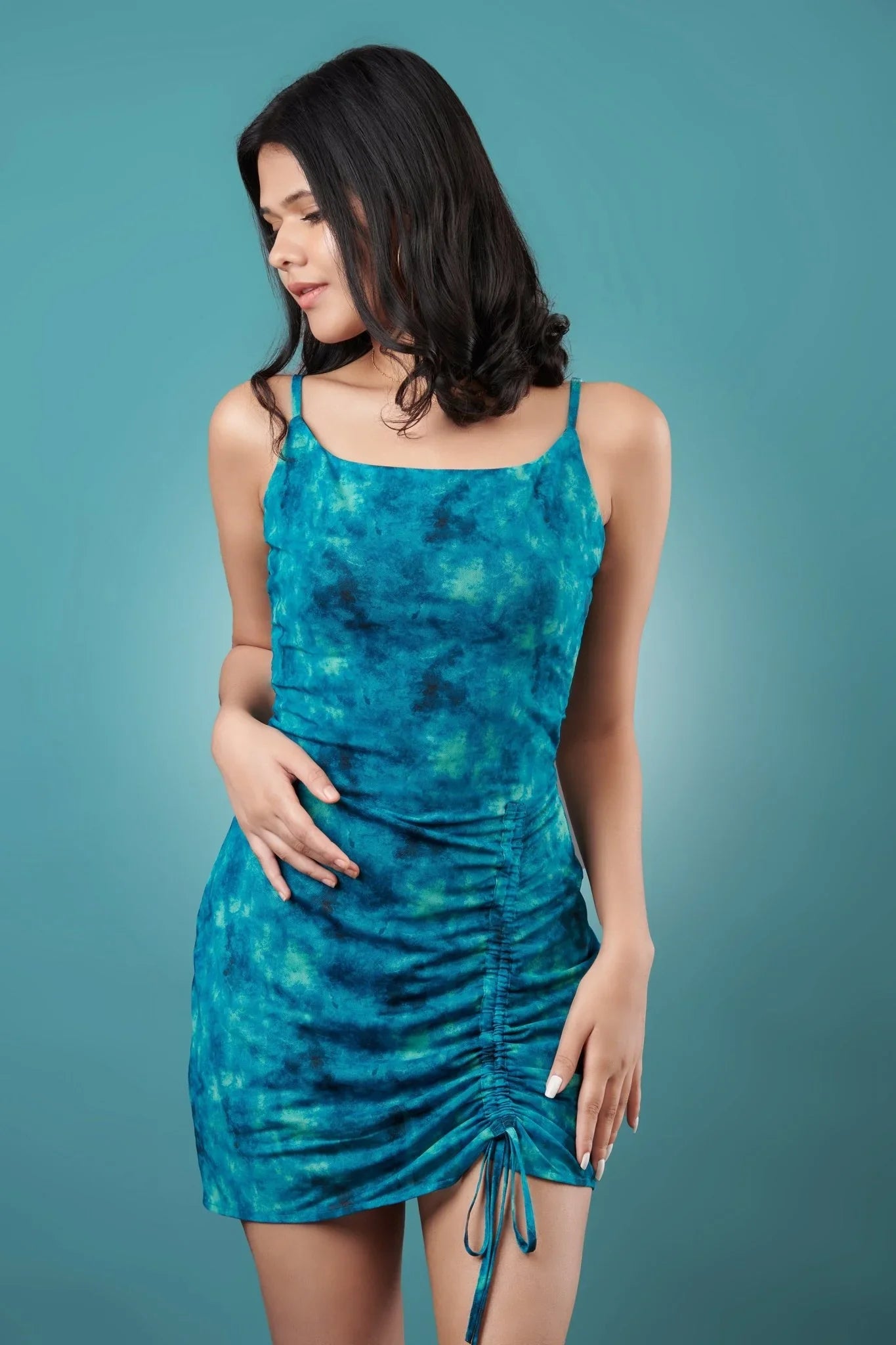 Marble Print Mesh Ruched Dress – I Z F