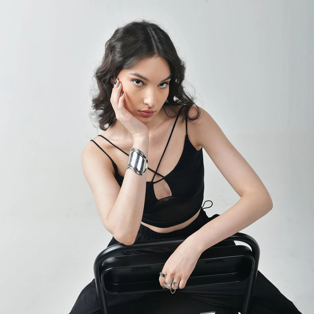 Mesh top and Black parachute pant set - I Z F