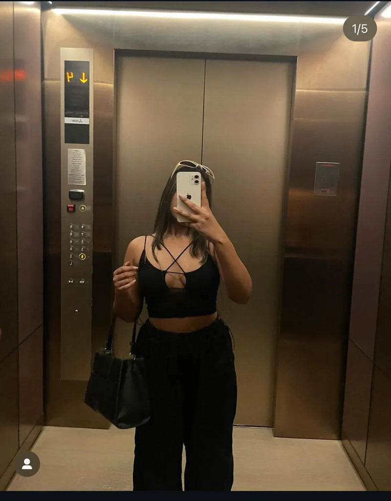 Mesh top and Black parachute pant set - I Z F