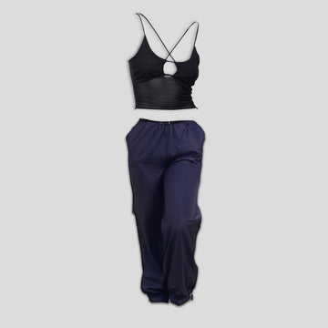 Mesh top and Gunmetal parachute pant set - I Z F