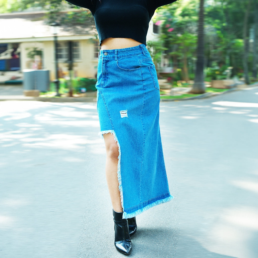 Mid - Blue Cut - out Denim Midi Skirt - I Z F