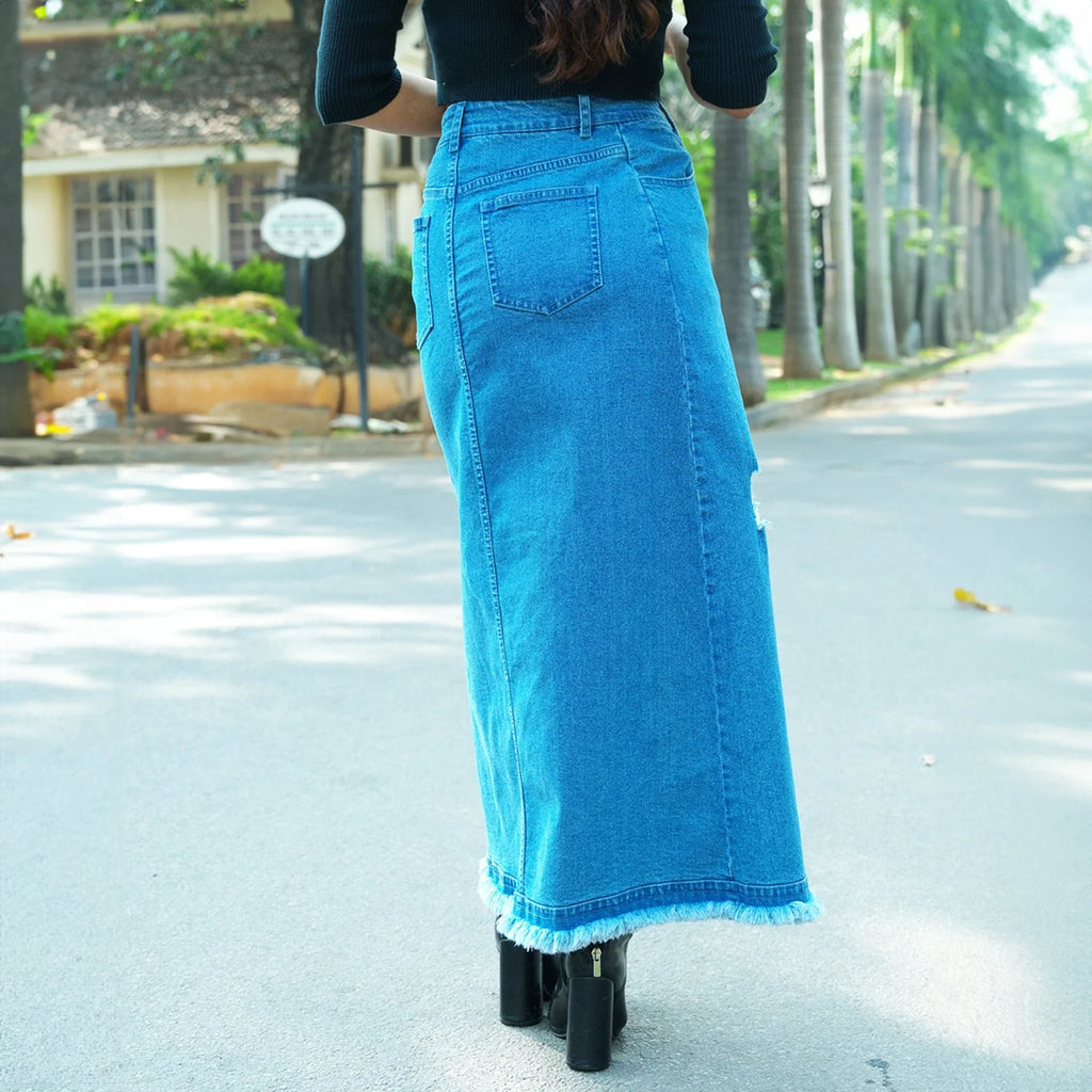 Mid - Blue Cut - out Denim Midi Skirt - I Z F