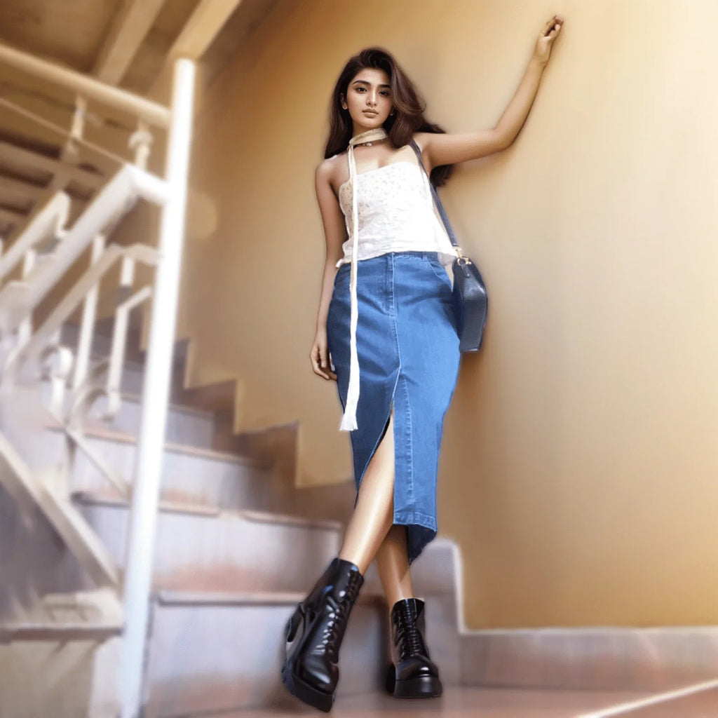 Mid - Blue Denim Midi Skirt - I Z F