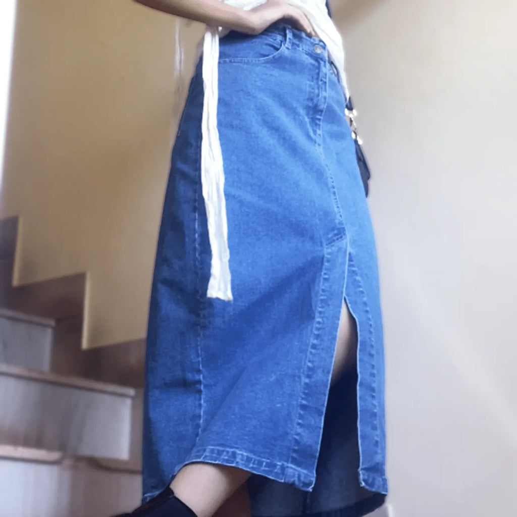 Mid - Blue Denim Midi Skirt - I Z F