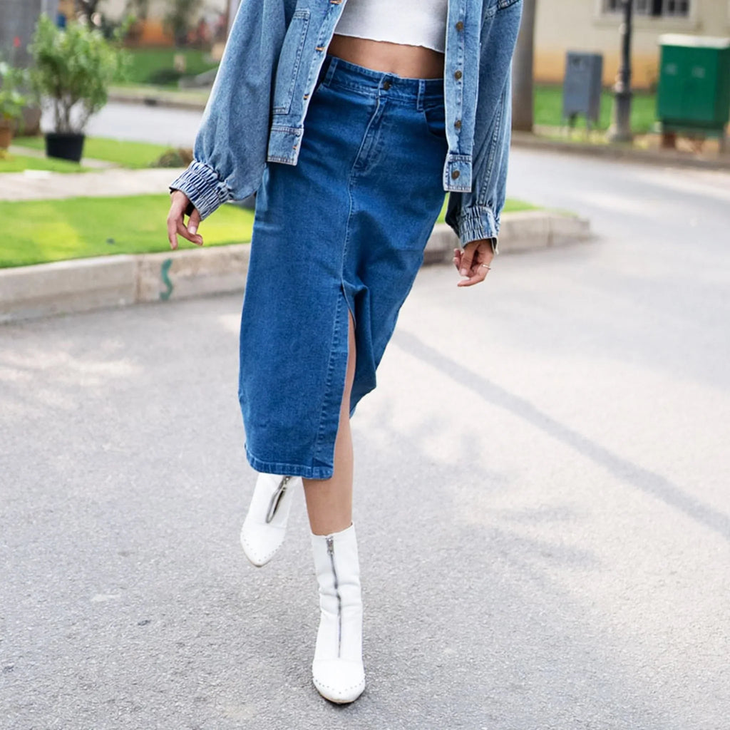 Mid - Blue Denim Midi Skirt - I Z F
