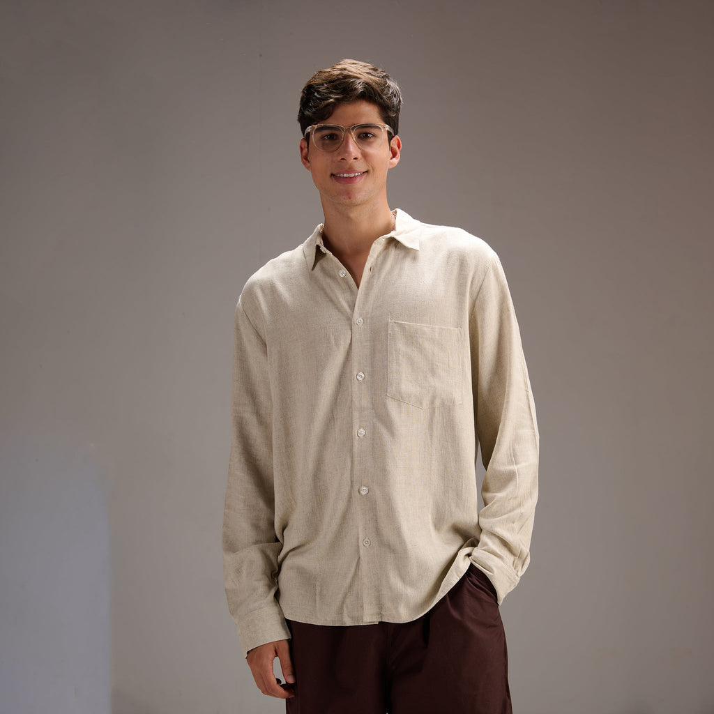 Natural Beige relaxed fit full sleeve linen shirt - I Z F