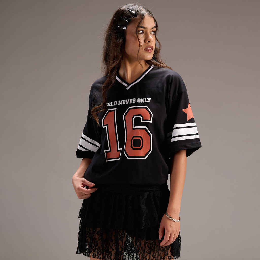 "No - 16" Oversize Varsity Black T-shirt for women - I Z F