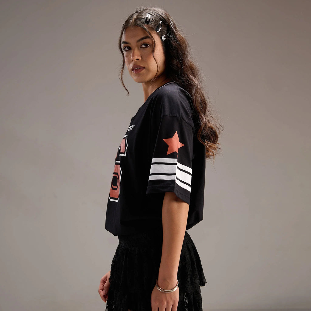 "No - 16" Oversize Varsity Black T-shirt for women - I Z F