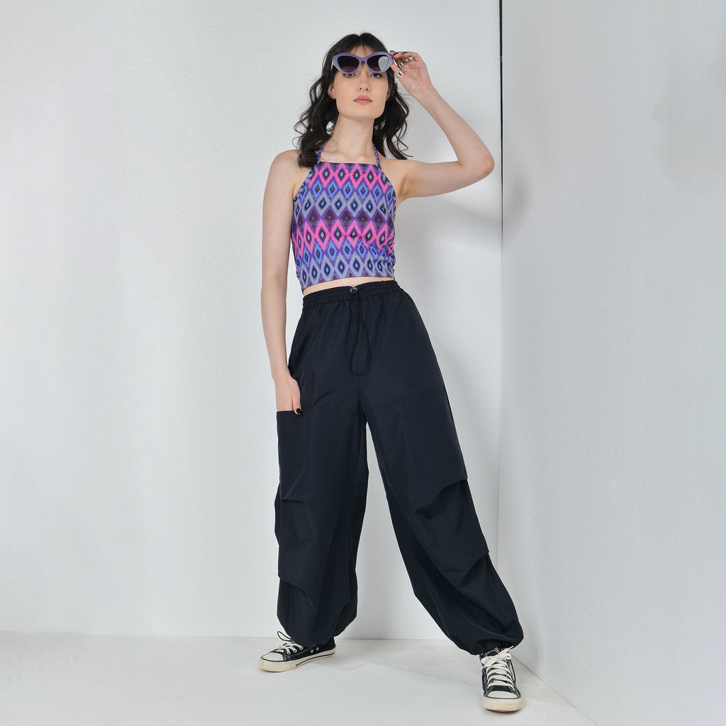 Pink Halter Top & Black Air Parachute Pants Set - I Z F