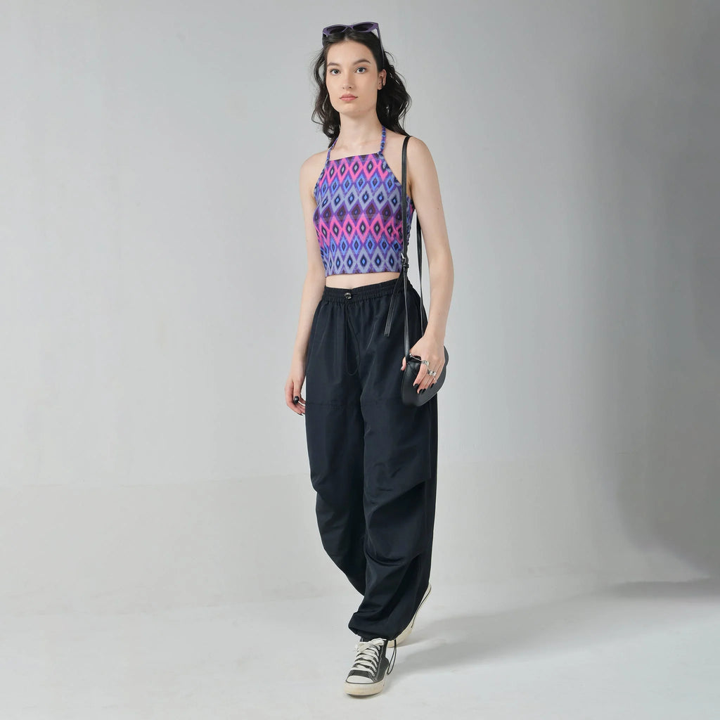 Pink Halter Top & Black Air Parachute Pants Set - I Z F