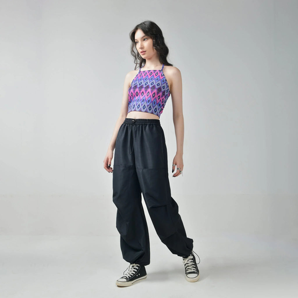 Pink Halter Top & Black Air Parachute Pants Set - I Z F