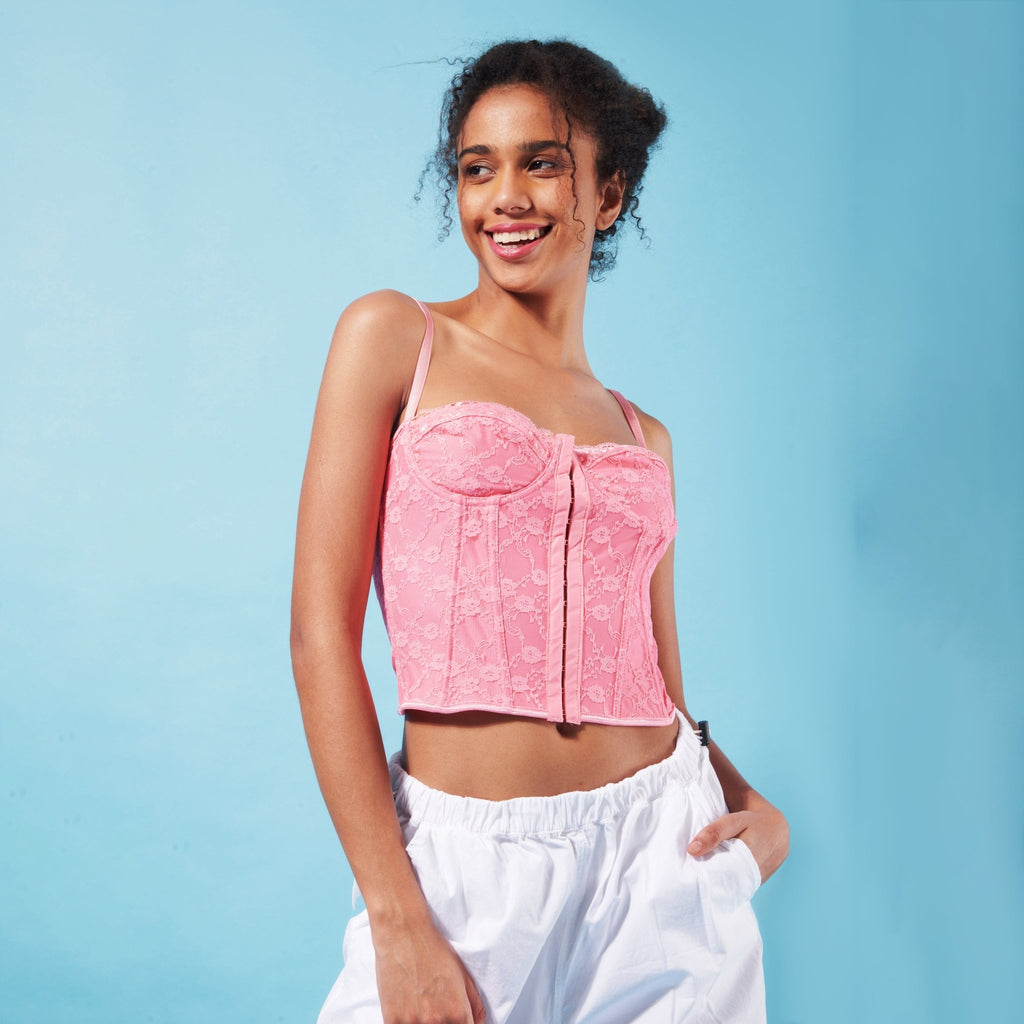 Pink Lace Corset Top & White Parachute Pants - I Z F