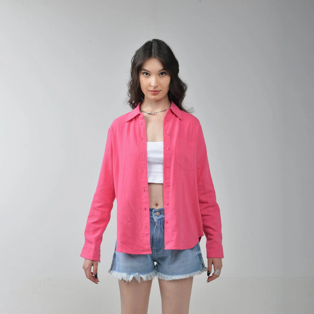 Pink Relaxed - fit Linen Shirt For Women - I Z F