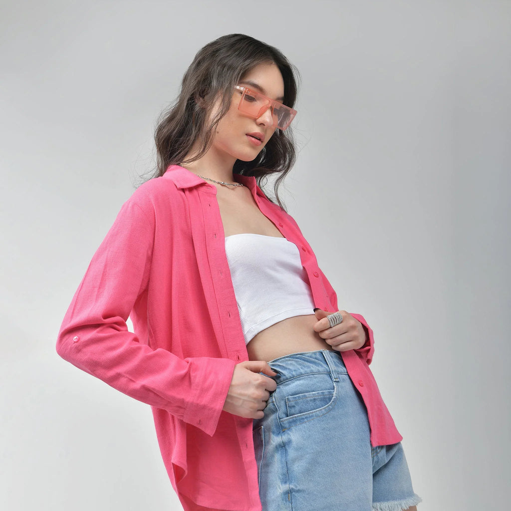Pink Relaxed - fit Linen Shirt For Women - I Z F