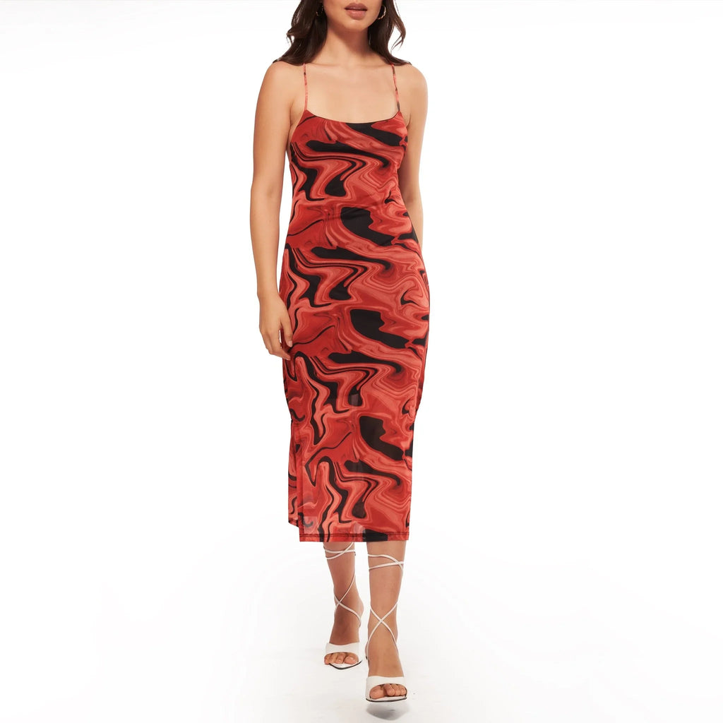 Printed Mesh Backless Dress - I Z F