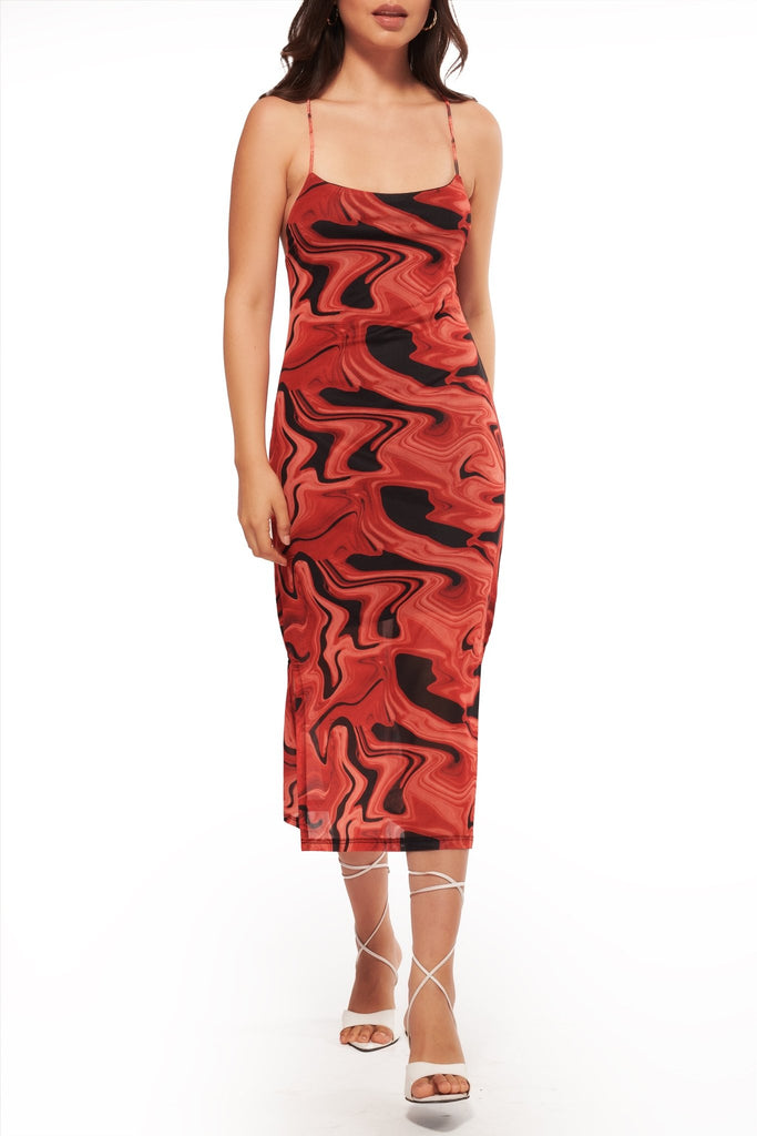 Printed Mesh Layered Midi Dress - I Z F