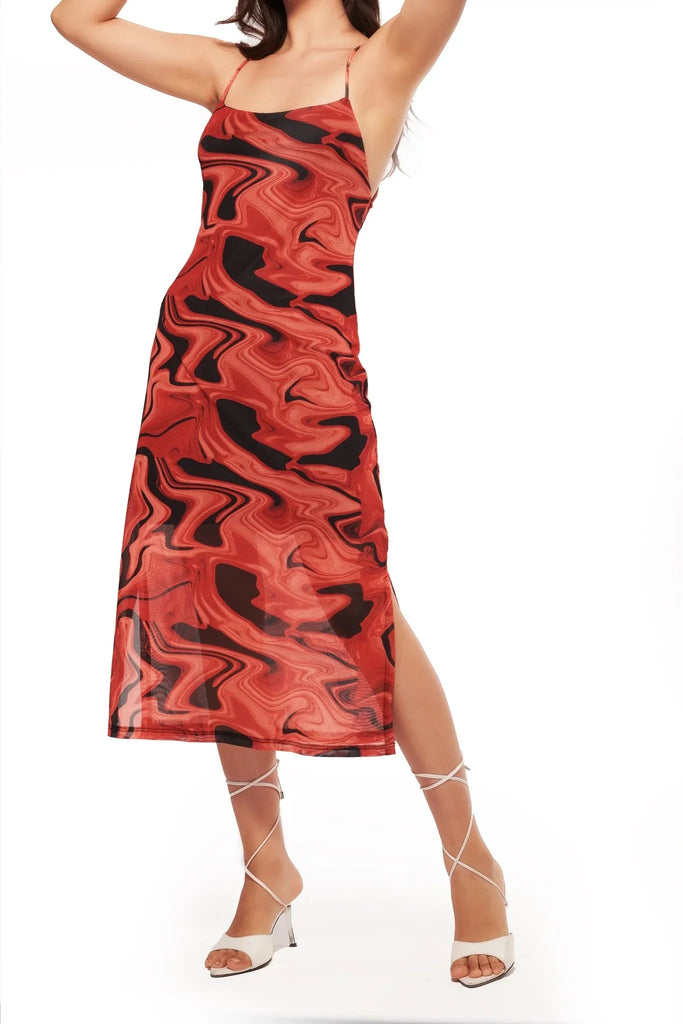 Printed Mesh Layered Midi Dress - I Z F