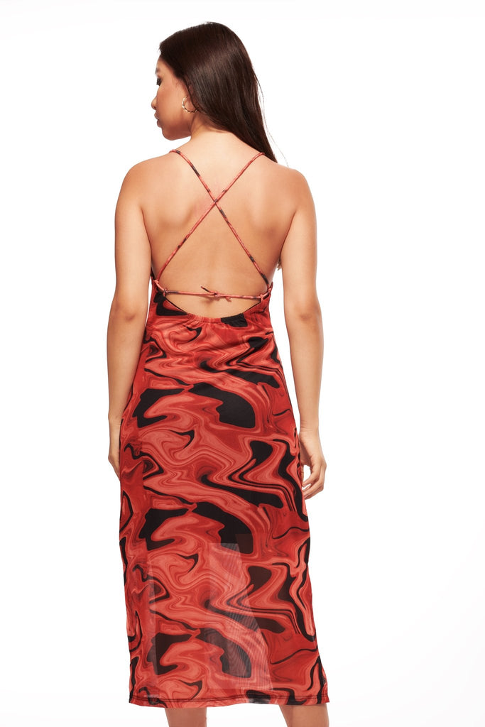 Printed Mesh Layered Midi Dress - I Z F