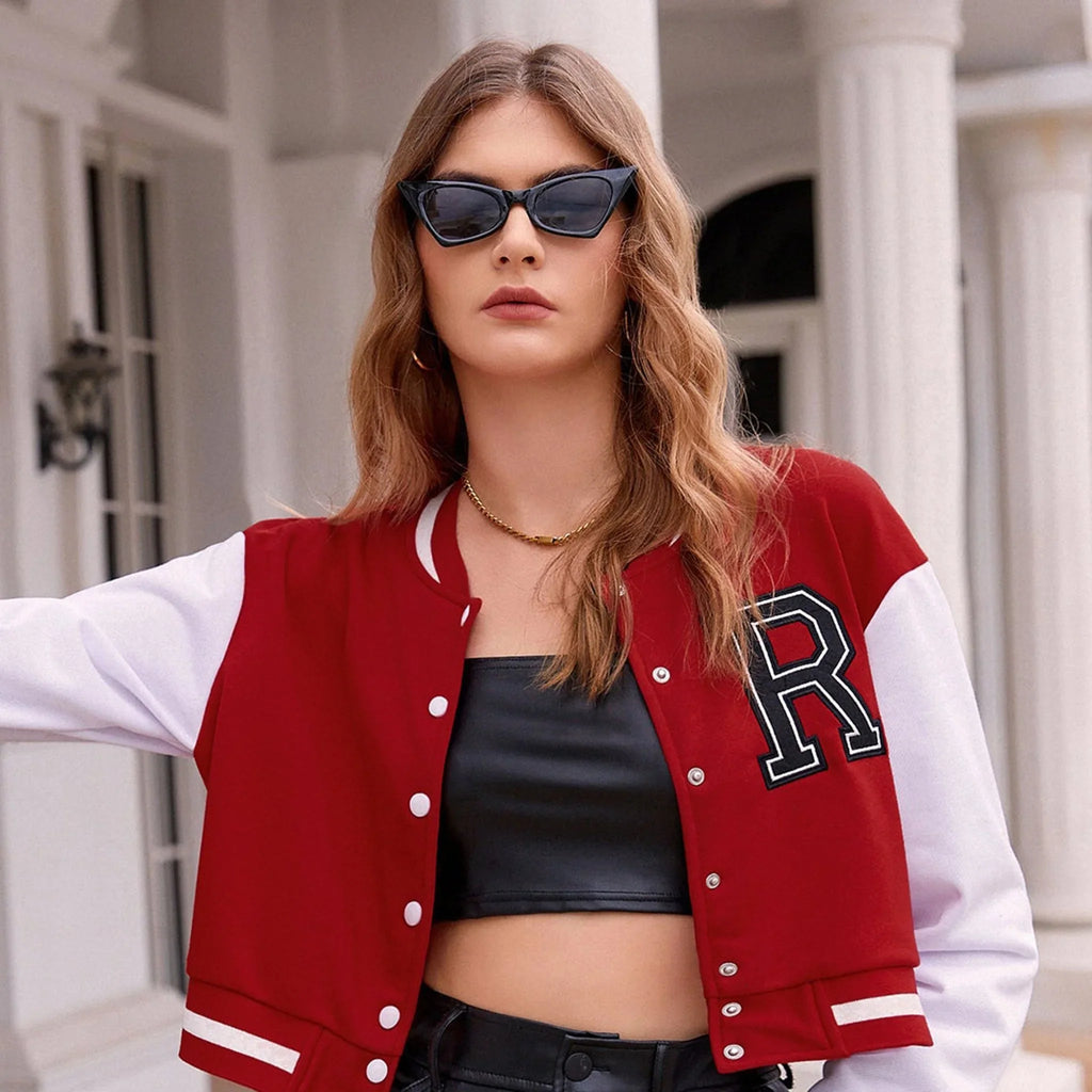Red Appliques Crop Varsity Jacket - I Z F