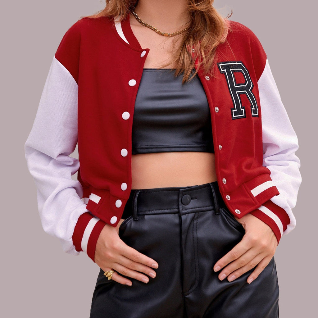 Red Appliques Crop Varsity Jacket - I Z F