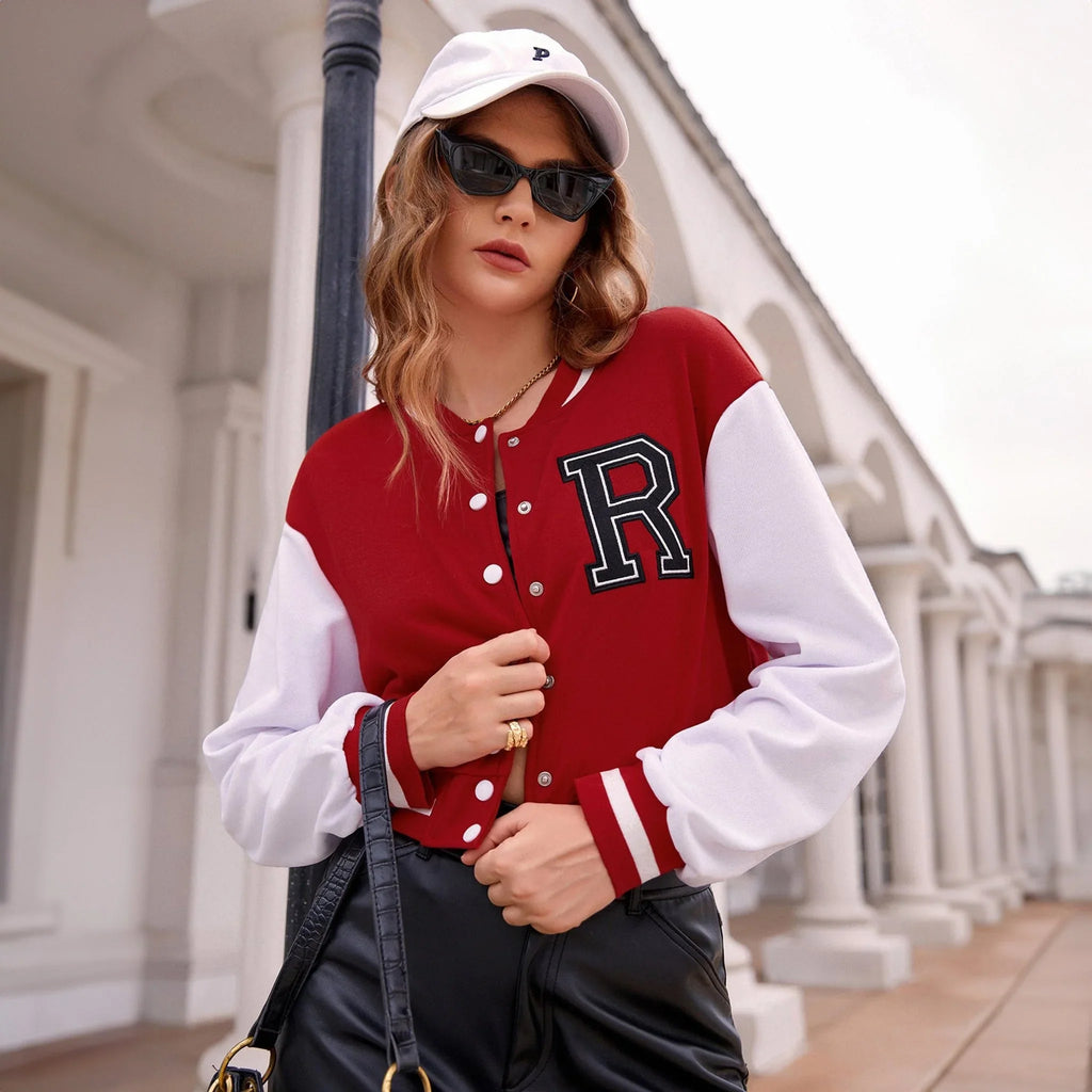 Red Appliques Crop Varsity Jacket - I Z F