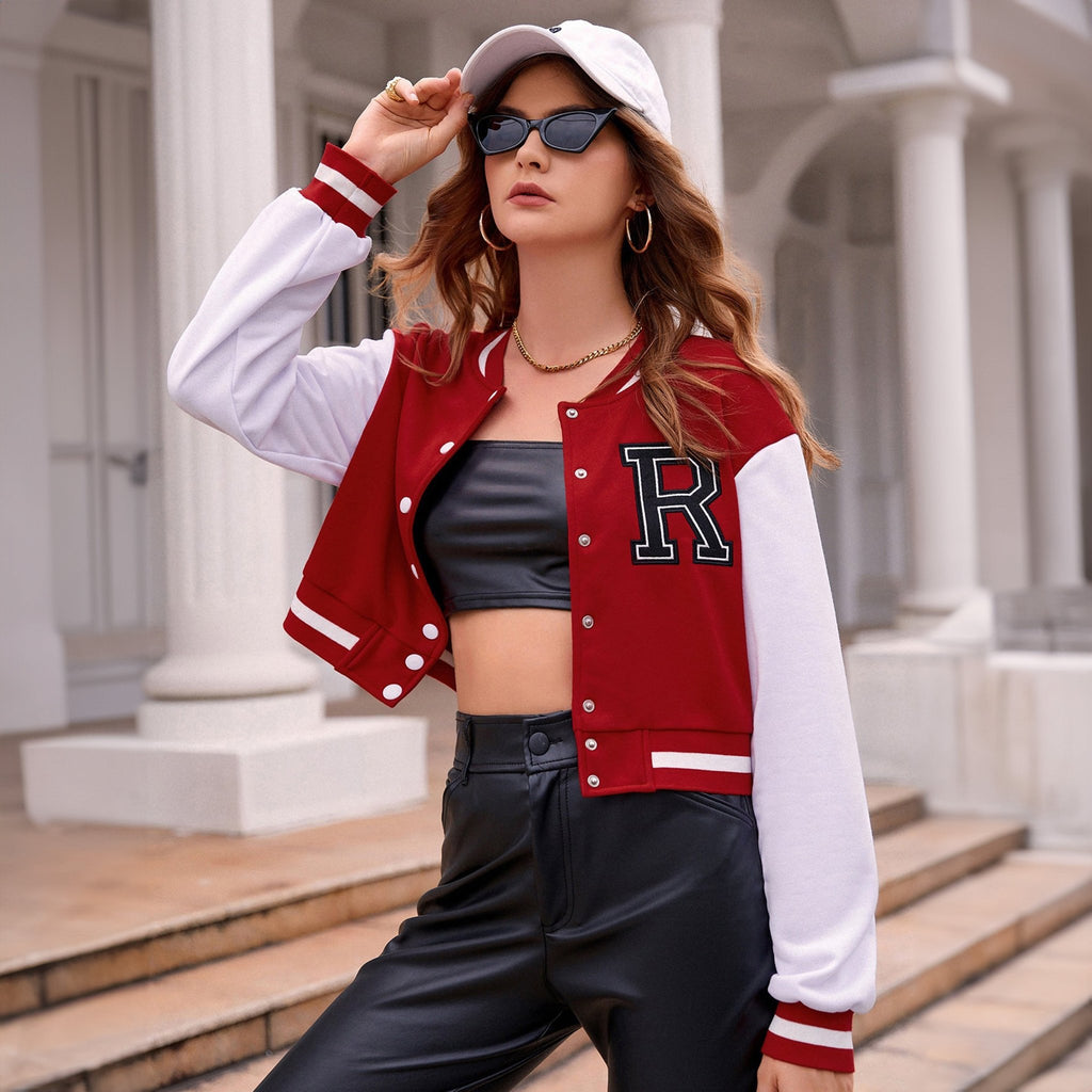 Red Appliques Crop Varsity Jacket - I Z F