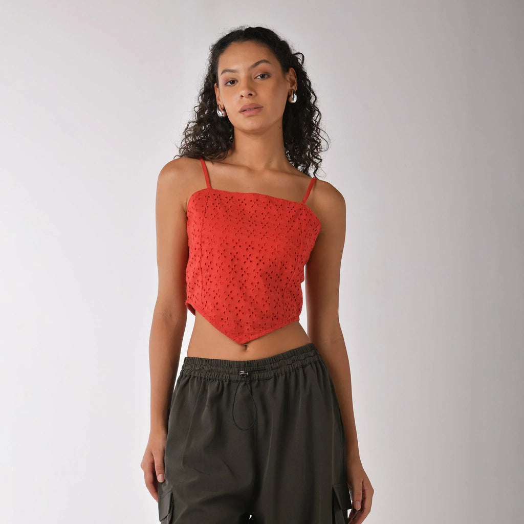 Red strappy scarf top with embroidery - I Z F