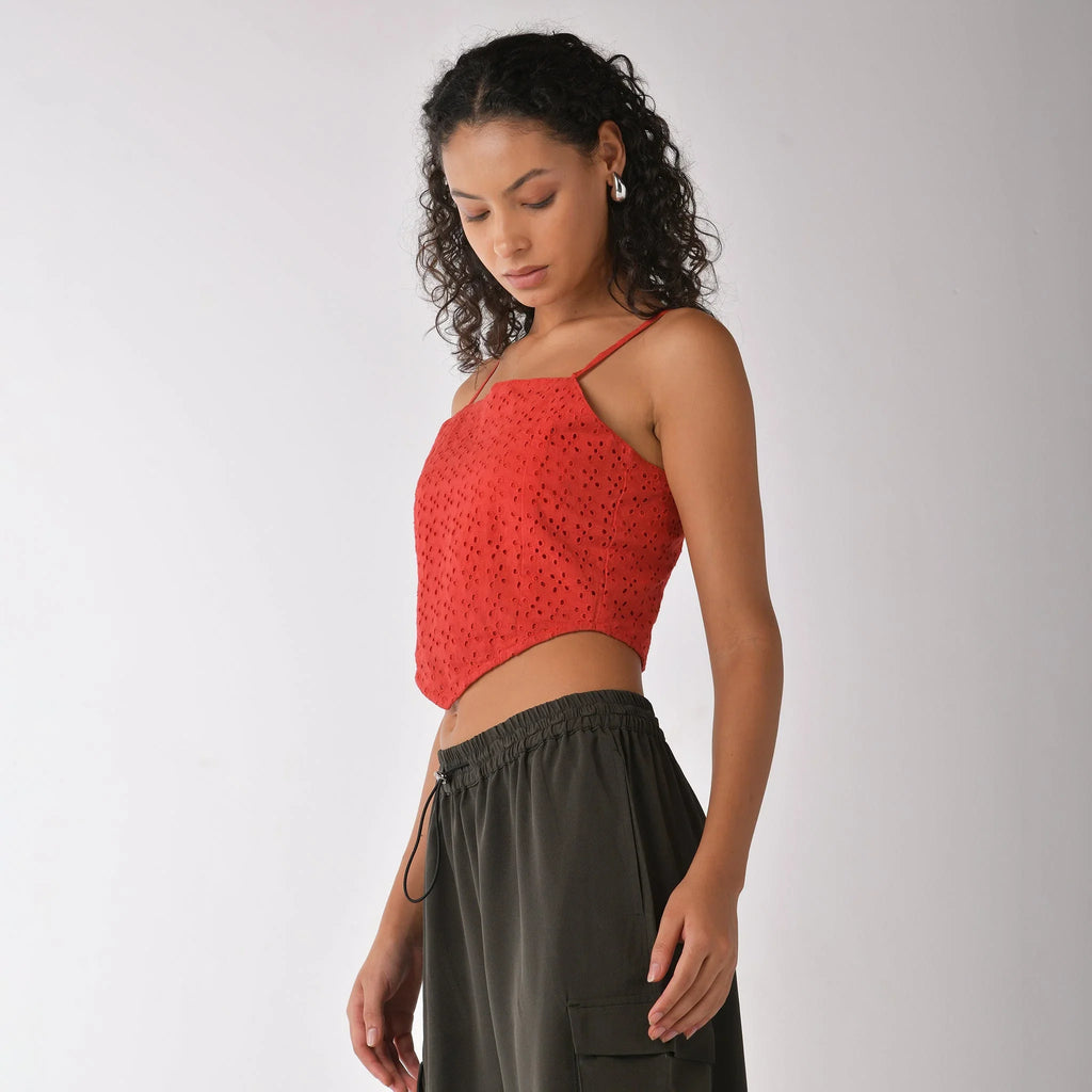 Red strappy scarf top with embroidery - I Z F