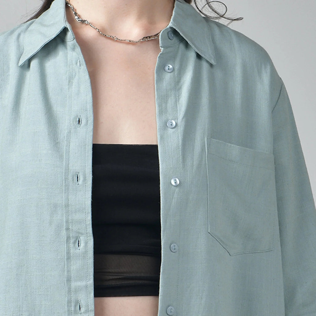 Relaxed Fit Green Linen Shirt For Women - I Z F