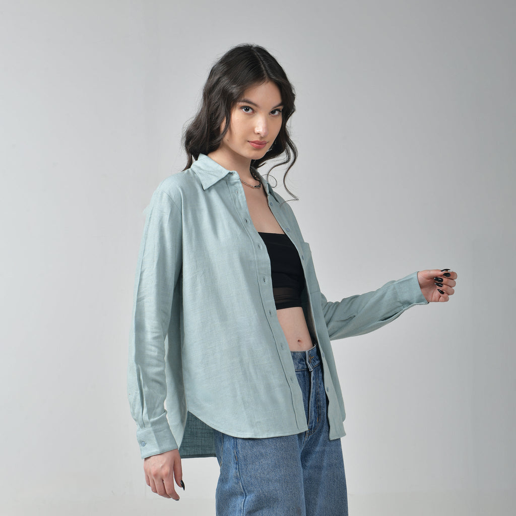 Relaxed Fit Green Linen Shirt For Women - I Z F