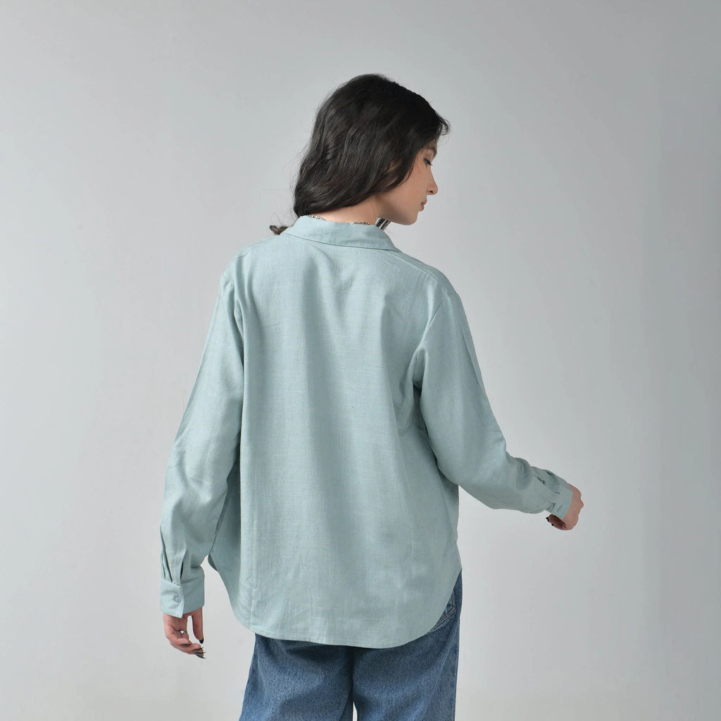 Relaxed Fit Green Linen Shirt For Women - I Z F