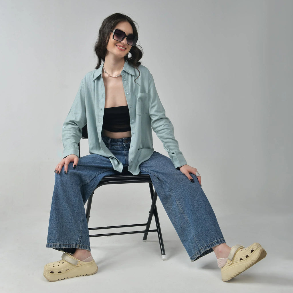 Relaxed Fit Green Linen Shirt For Women - I Z F