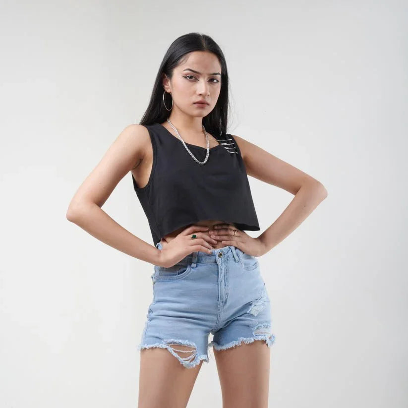 Ripped and Safety Pin Crop Tee - I Z F