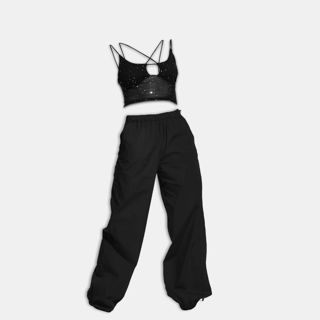 Sequin mesh top & Black Parachute pant - I Z F