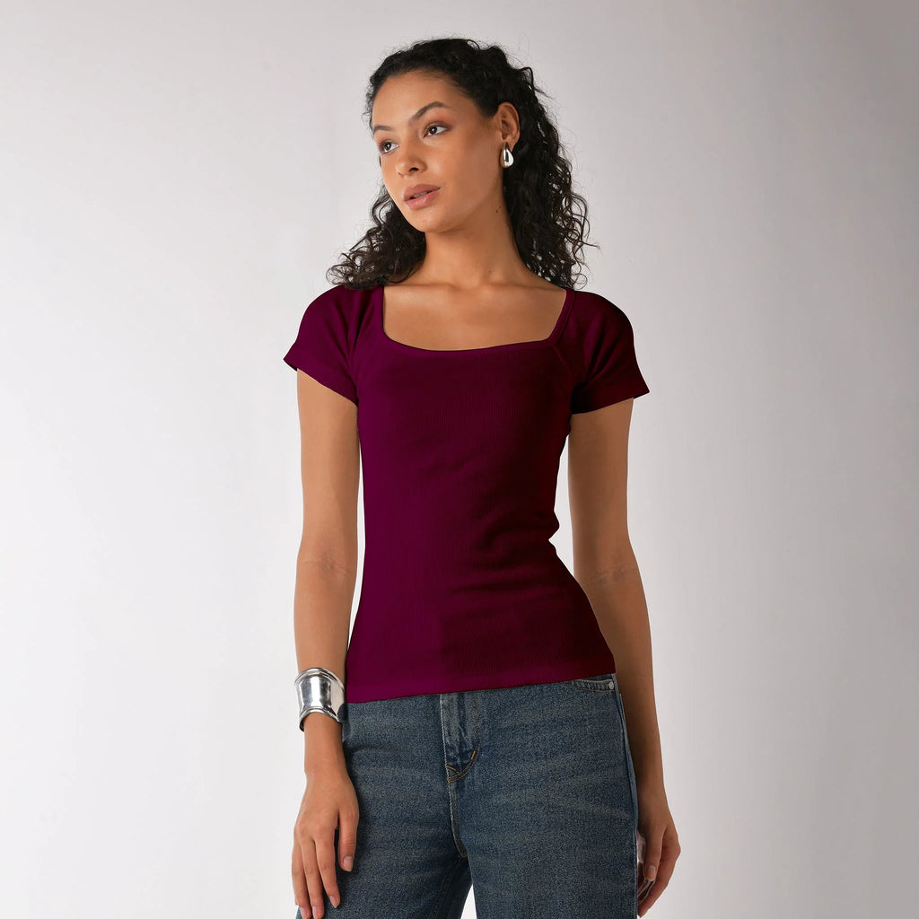 Square Neck Top Combo - Black & Wine - I Z F