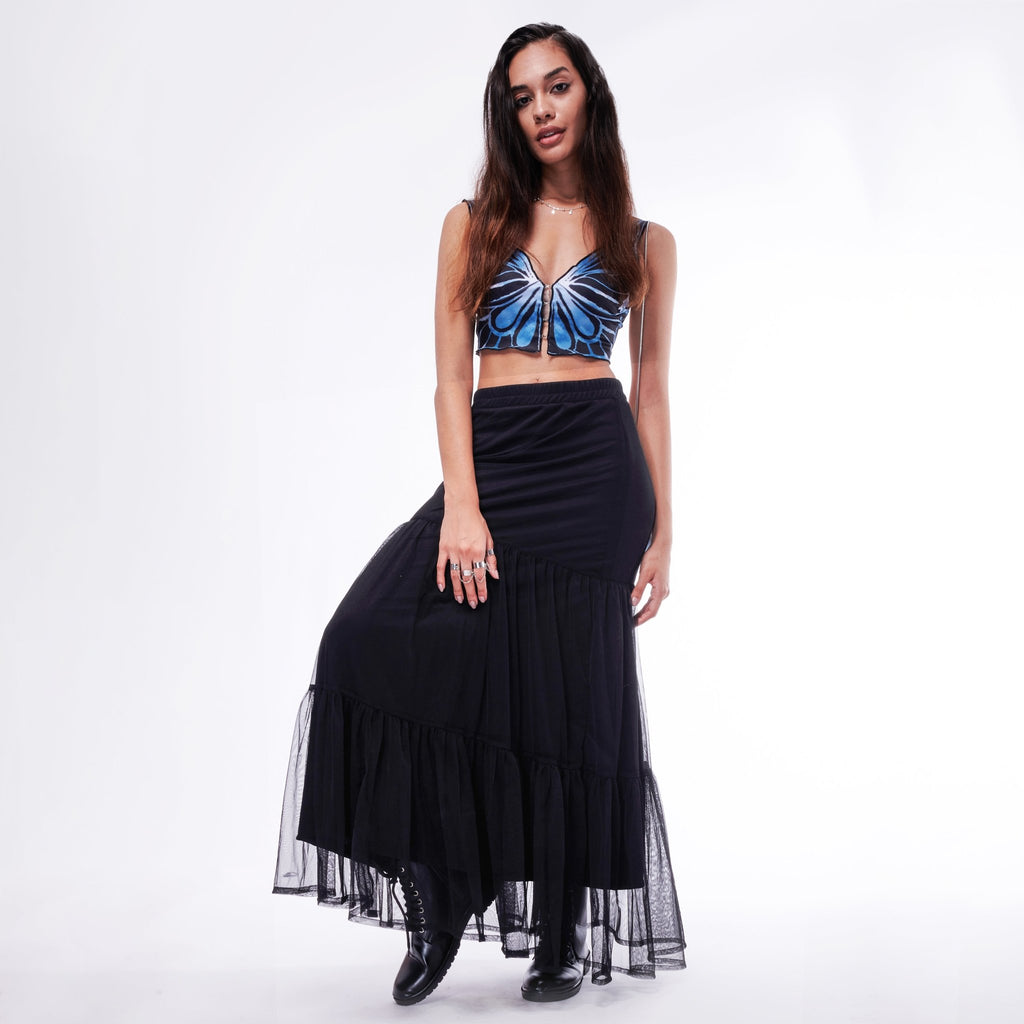 Tier Black Mesh Maxi Skirt - I Z F