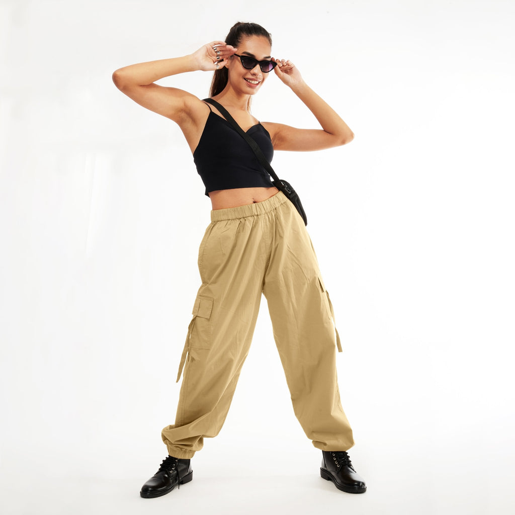 Unisex Khaki Cargo Parachute Pants - I Z F