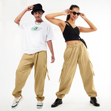 Unisex Khaki Cargo Parachute Pants - I Z F