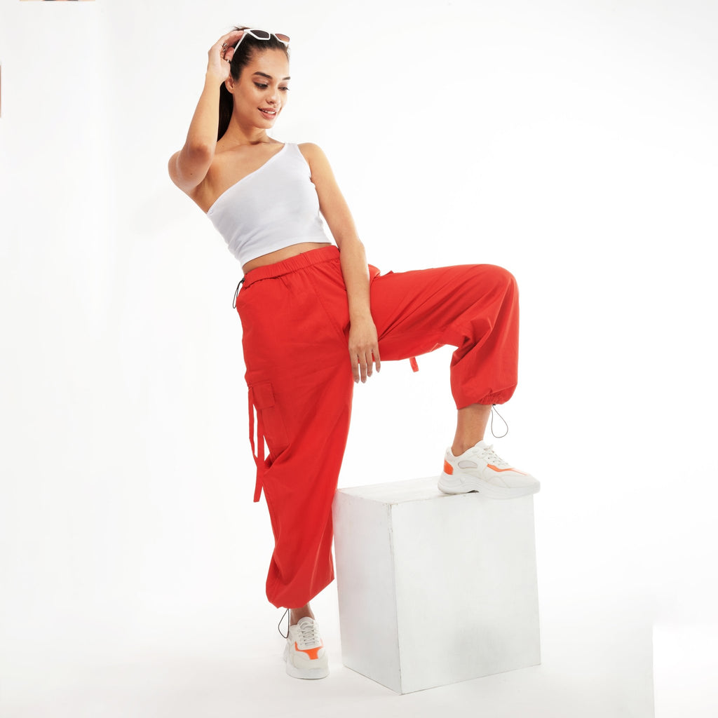 Unisex Red Cargo Parachute Pants - I Z F