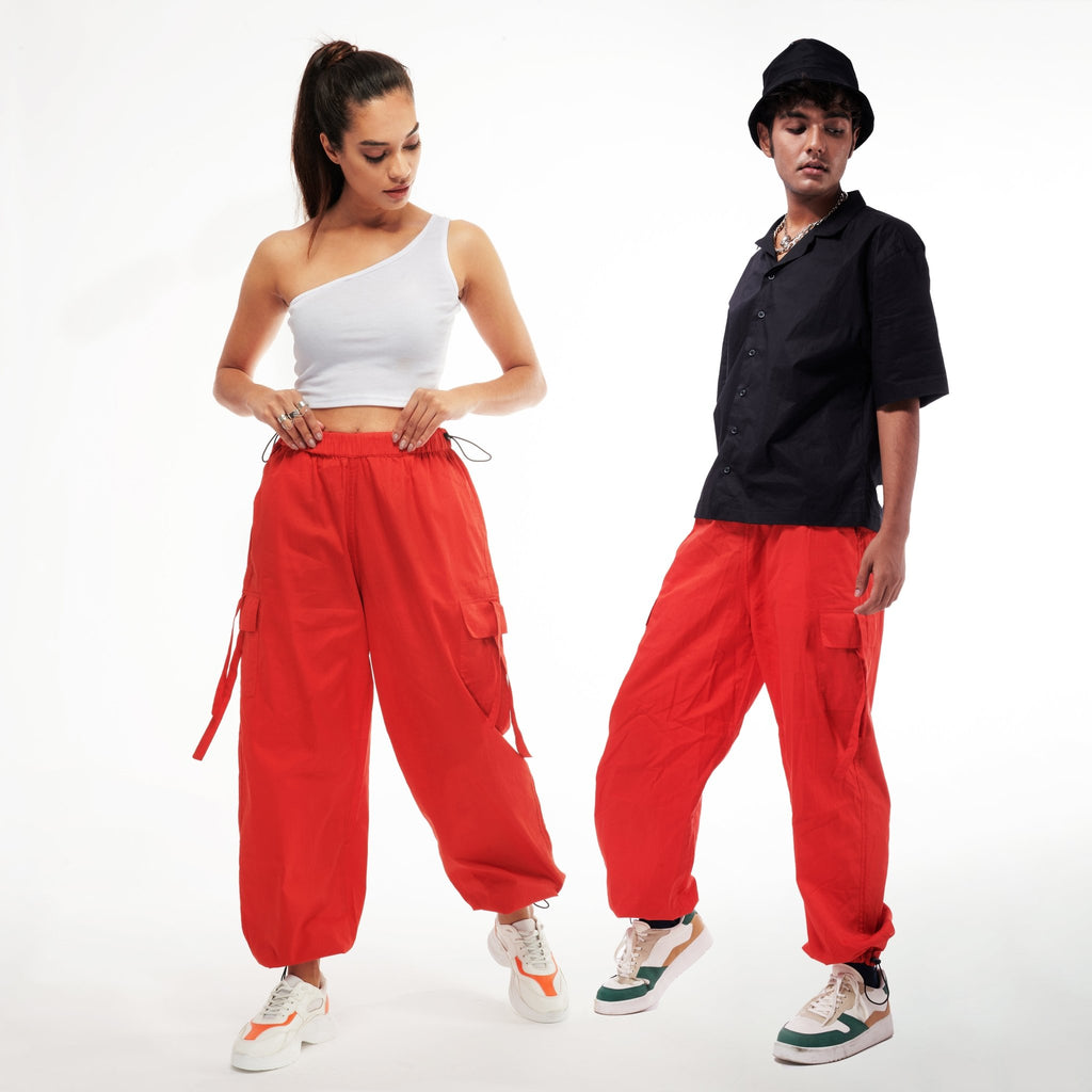 Unisex Red Cargo Parachute Pants - I Z F