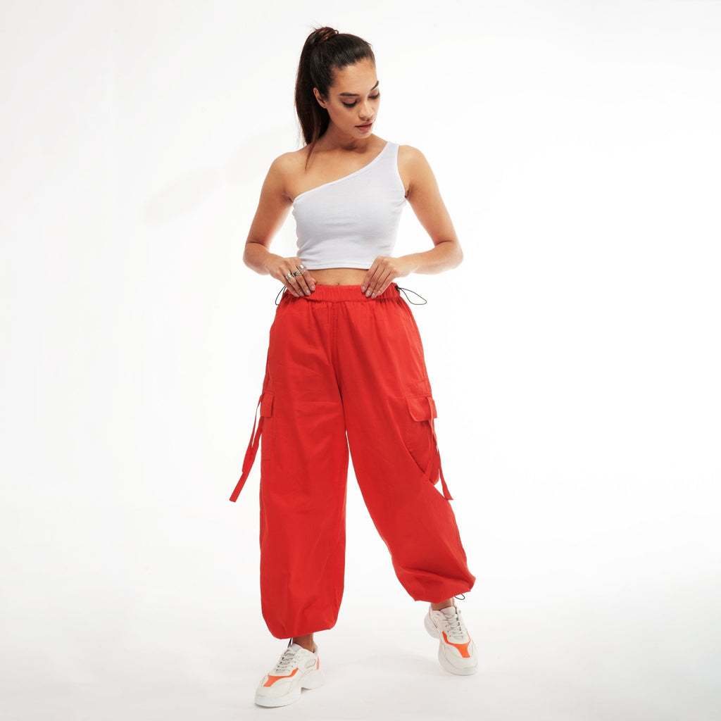 Unisex Red Cargo Parachute Pants - I Z F