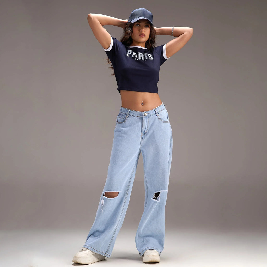 "Varsity Paris" Blue Cropped Fitted Baby Tee - I Z F