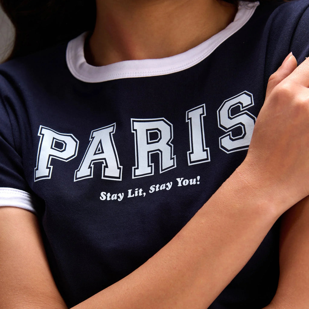 "Varsity Paris" Blue Cropped Fitted Baby Tee - I Z F