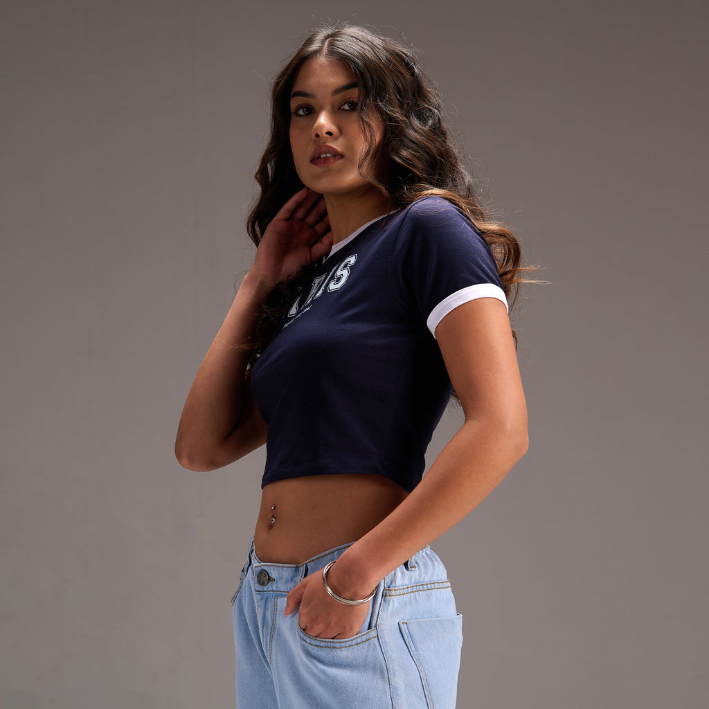 "Varsity Paris" Blue Cropped Fitted Baby Tee - I Z F