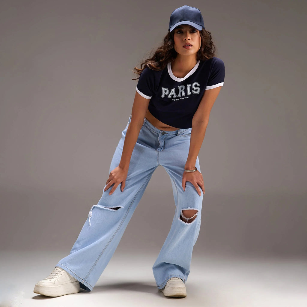 "Varsity Paris" Blue Cropped Fitted Baby Tee - I Z F